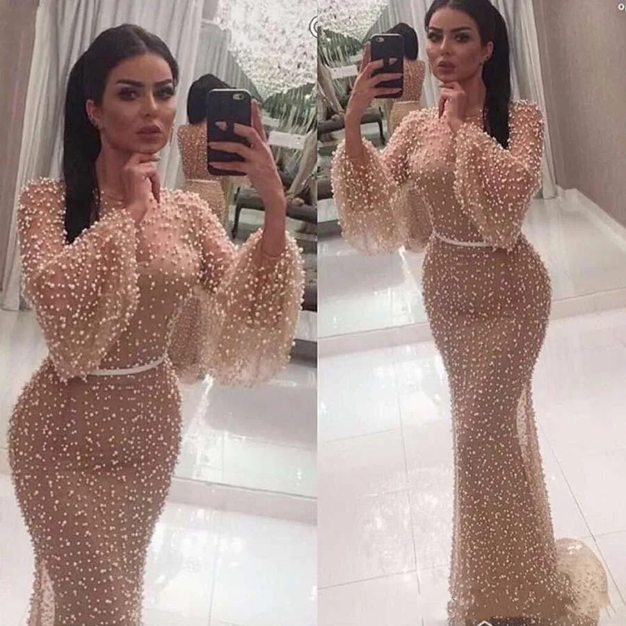 

Luxury Heavy Pearls Mermaid Prom Dress Champagne Jewel Neck Long Sleeves Floor Length Formal Lace Arabic Dubai Evening Dresses