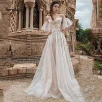 sevintage 2021 flare sleeve boho wedding dresses lace appliqued illusion scoop beach bridal gowns a line abiti da sposa