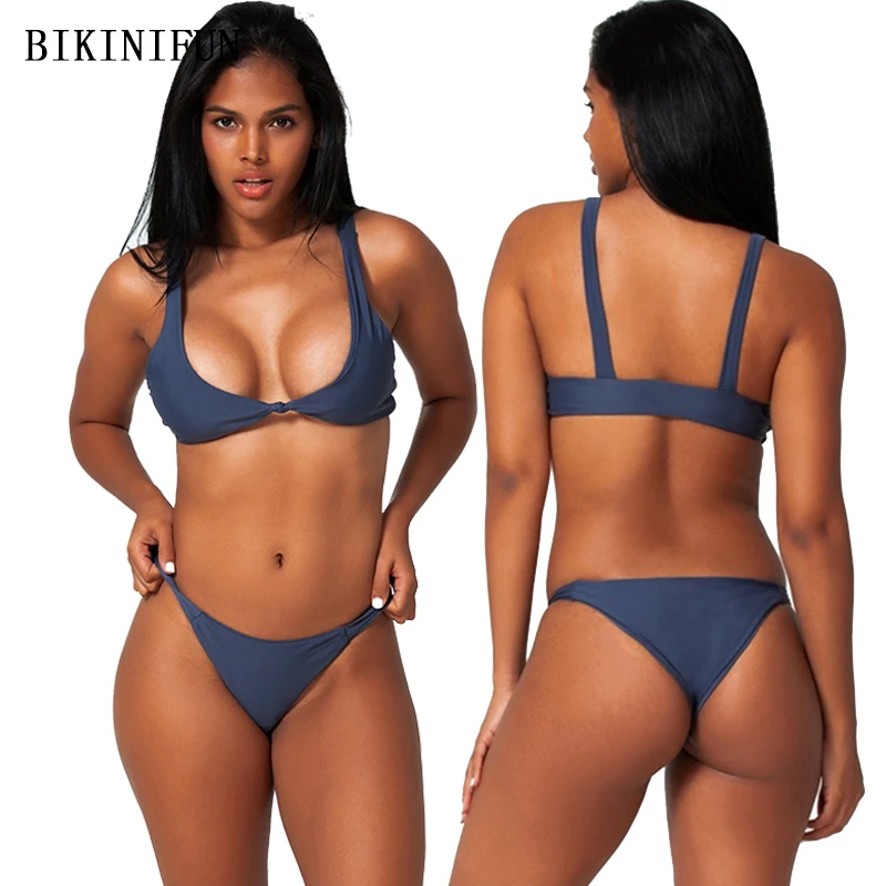 Сексуальный купальник с глубоким вырезом и бантом спереди однотонный серый