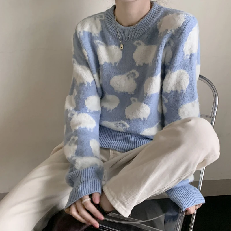 

Cartoon Sheep Print Sweater Sweet Women Fad Vogue Ladies Chic O-Neck Knitted Top Streetwear Female Cute Blue Knited Pullovers