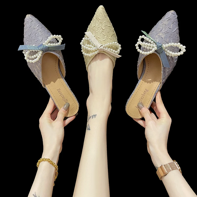 

Slippers Women Summer Pointed Toe Female Mule Slides Med Square heel Shoes Fashion Pantofle Butterfly-Knot Mules Cover Soft Bloc
