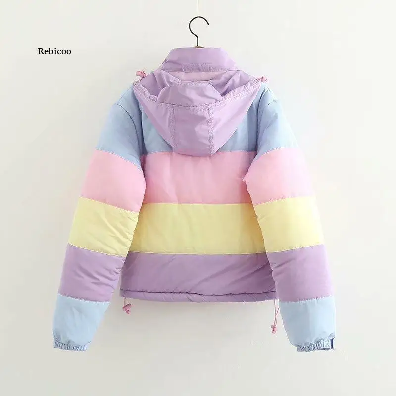 Winter Thicken Rainbow Contrast Women's Down Jacket Loose Padded Student Winter Coat Women Warm College Parka Female