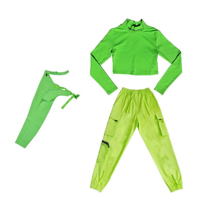 

New Girls Hip Hop Dance Costumes Fashion Fluorescent Green Children Jazz Stage Show Wear Kids Modern Street Dancing Wear 120-170