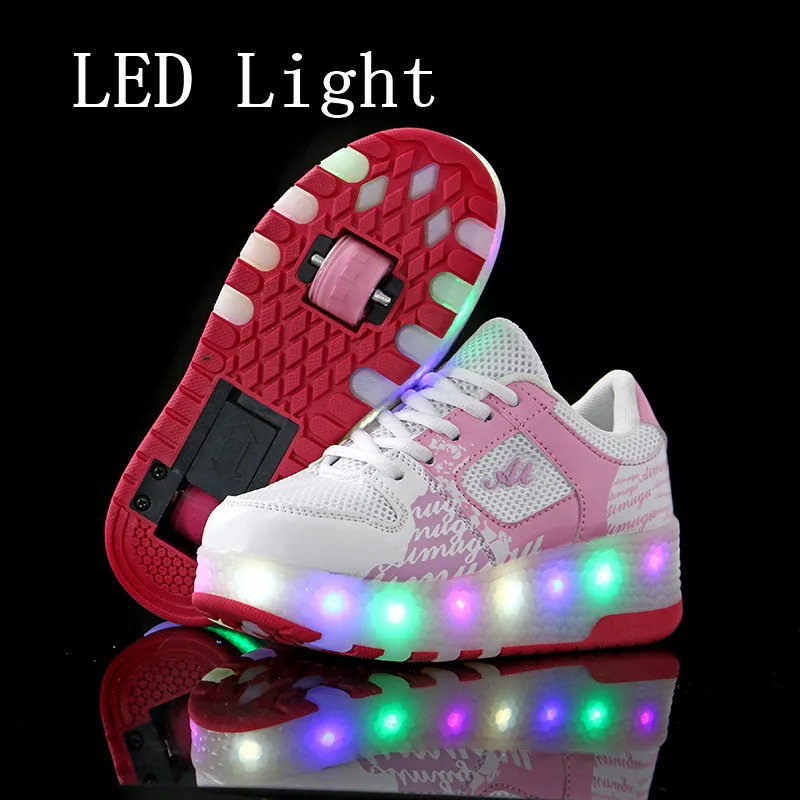 

Hot Sale Kids Boys Shoes with Two Wheels Children Shoes Glowing Sneakers Led Light up Kids Shoes For Boy Girl Shining Shoe Pink