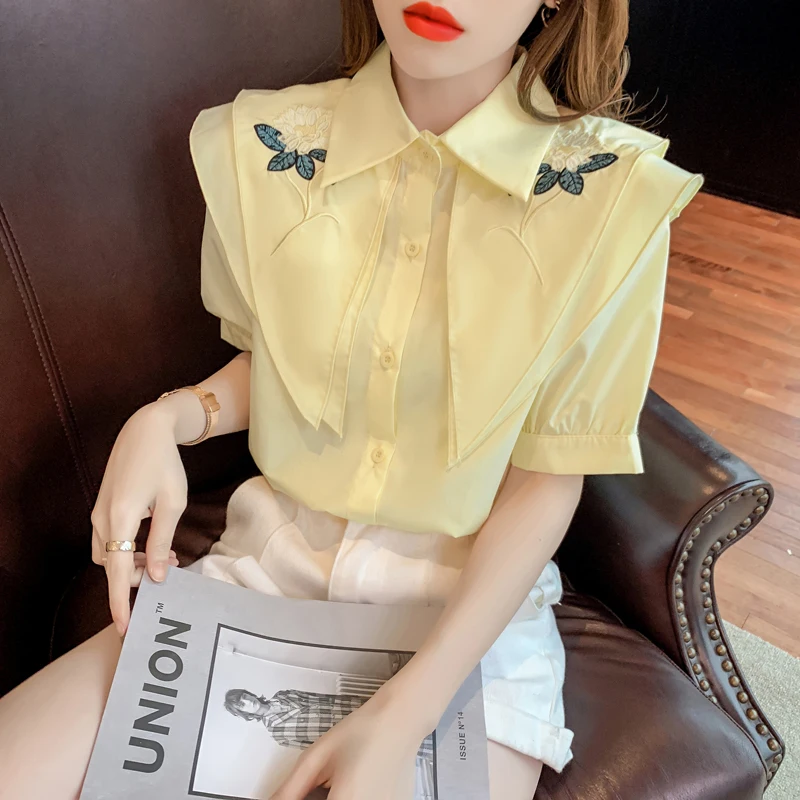 

Женские блузки, шифоновые рубашки-поло, облегающие однотонные Женские повседневные блузы с цветочным принтом, модные топы на пуговицах с ко...