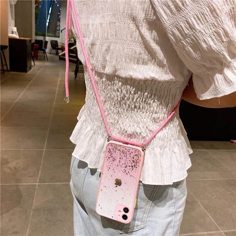 Bling Glitter Cases For OPPO Realme 5 6I C3 C11 C12 C15 A52 A72 A5 A9 A31 A53 2020 Stars Sequins Cord Chain Lanyard Case Coque