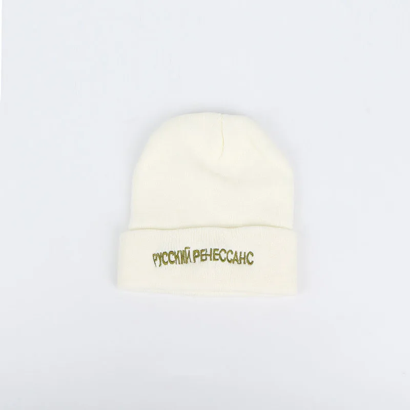 New Embroidered Russian Letter Wild Beanie Hat Women Winter Knitting Hat Men Solid Color Warm Cap Gorros Mujer Invierno - Цвет: white