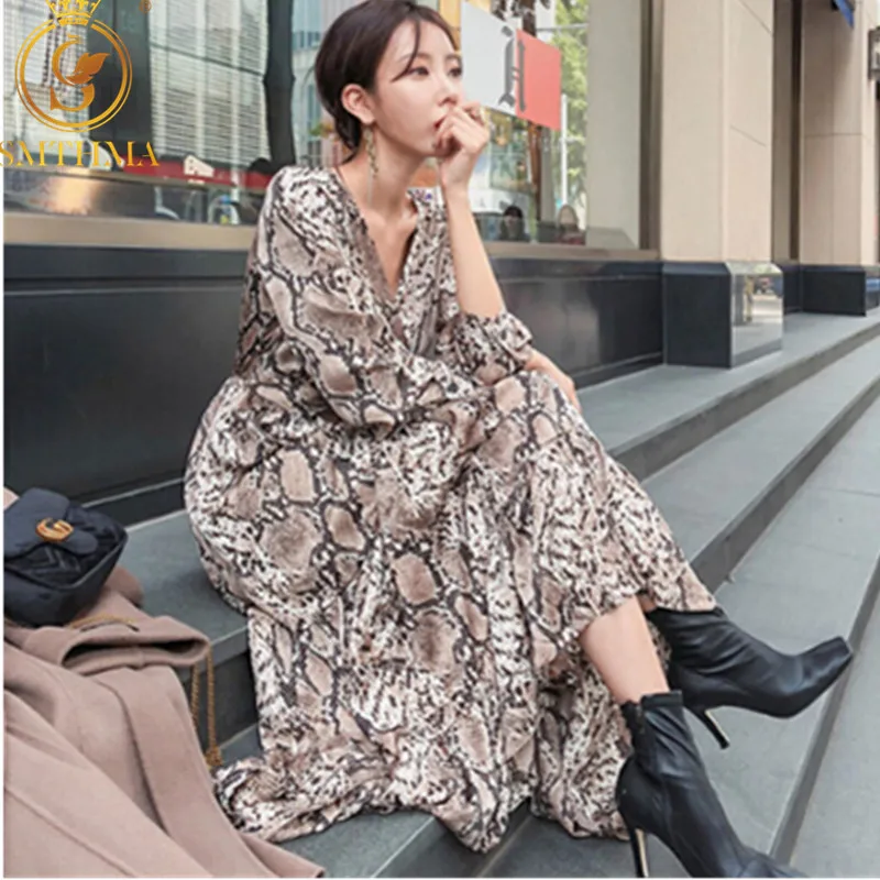 Женское вечернее платье со змеиным принтом и юбкой годе с длинным рукавом длиной