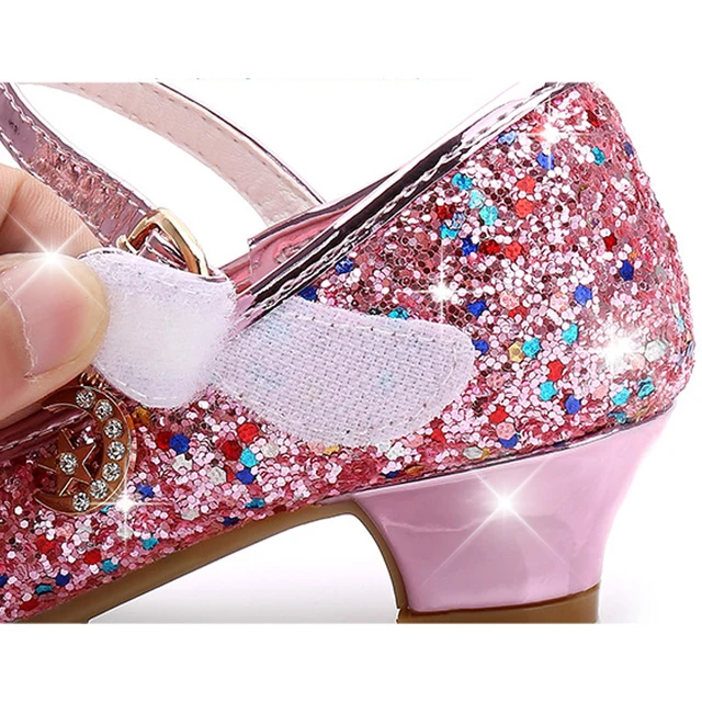 Princess Kids Leather Shoes for Girls Flower Casual Glitter Children High Heel Girls Shoes Butterfly Knot Blue Pink Silver 6