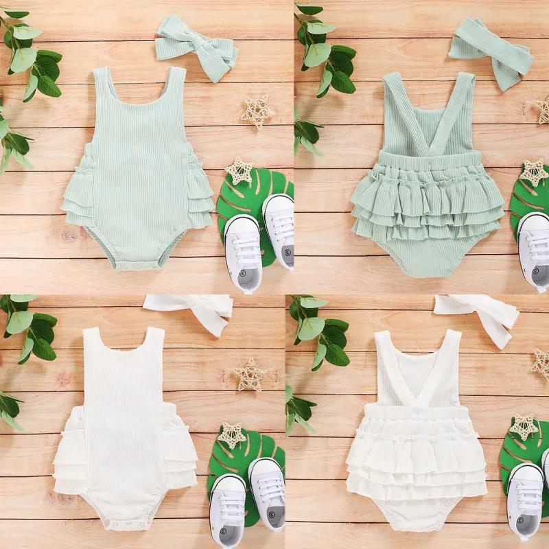 

2021 New Baby Summer Clothing Newborn Baby Kids Girls Sleeveless Bodysuit Striped Jumpsuit Outfits Backless Clothes Headband Set