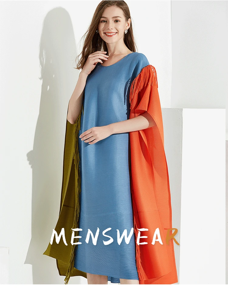 Miyake с круглым вырезом; сезон осень-зима; новое контрастное цветное платье с кисточками;