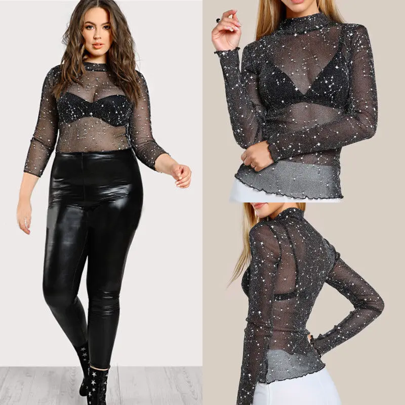 Женская Прозрачная облегающая футболка черная водолазка с длинными рукавами