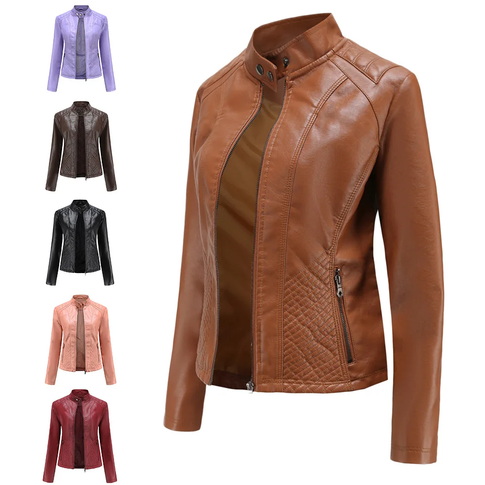 2021 autumn and winter new casual leather clothes women's simple European and American trend thin coat Motorcycle Jacket