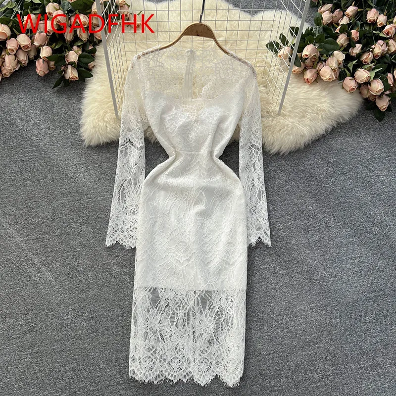 

New Temperament Fashion Retro Lace Dress 2022 Spring Female V-neck Slim Mid-length Dress Female Elegant Party Dress Vestidos