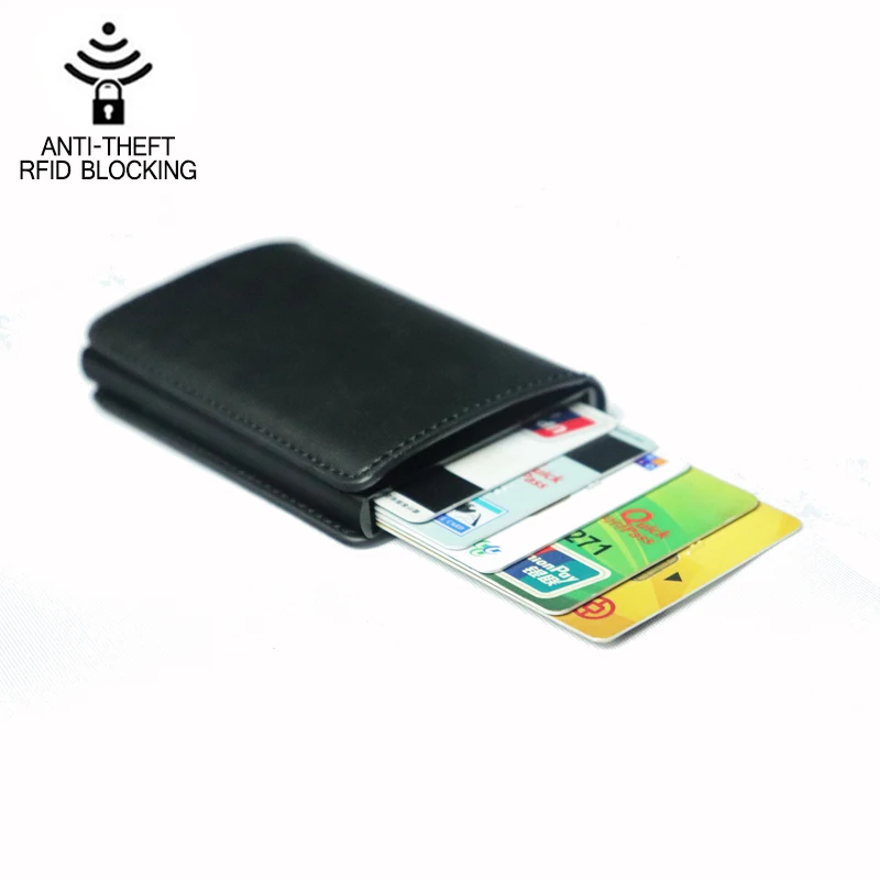 RFID Blocking Credit Card Holder Genuine Leather Men ID Card holder Mini Wallet Vintage Metal Automatic Anti-theft Card Wallet