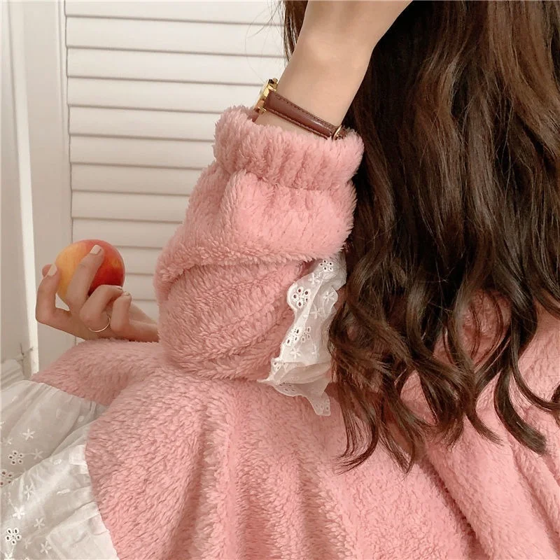 Coral Velvet Nightdress  Autumn Winter New Student Lovely Sweet Princess Wind Lace Plush Warm Home Clothes  Sleepwear