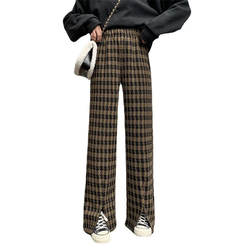 

Autumn Winter Women's Plaid Pants Loose High Waist Slimming Retro Slit Straight Tube Wide-Leg Pants Commuter Leisure