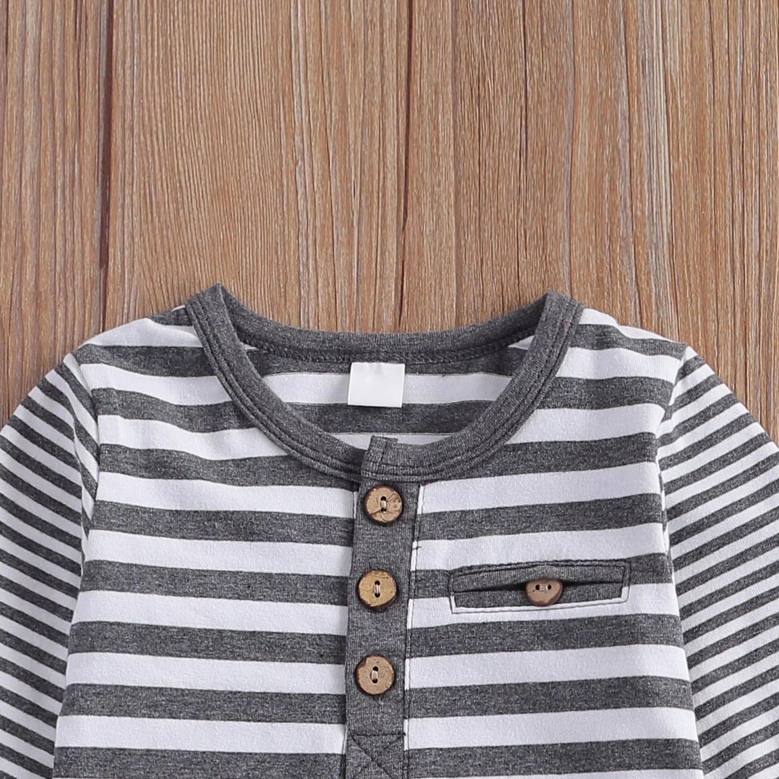 

2 Pcs Baby's Casual Suit Round Neck Long Sleeve Stripe Romper Solid Color Button Decoration Loose Trousers