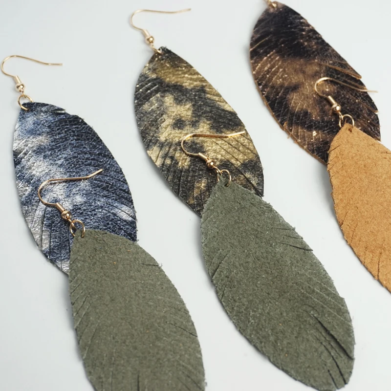 Cpop Trendy Glitter Genuine Leather Earrings Women Nature Shiny Feather Elegant Tassel Dangle Fashion Jewelry Wholesale | Украшения и