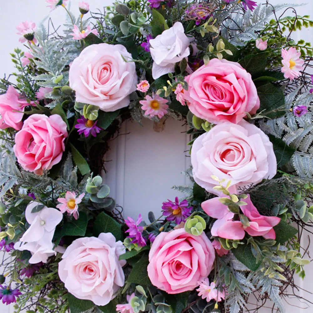 Weddinng Artificial Rose Flower Wreath Silk Simulation Spring For Front Door Wall Hanging Window Wedding Party Decor | Дом и сад