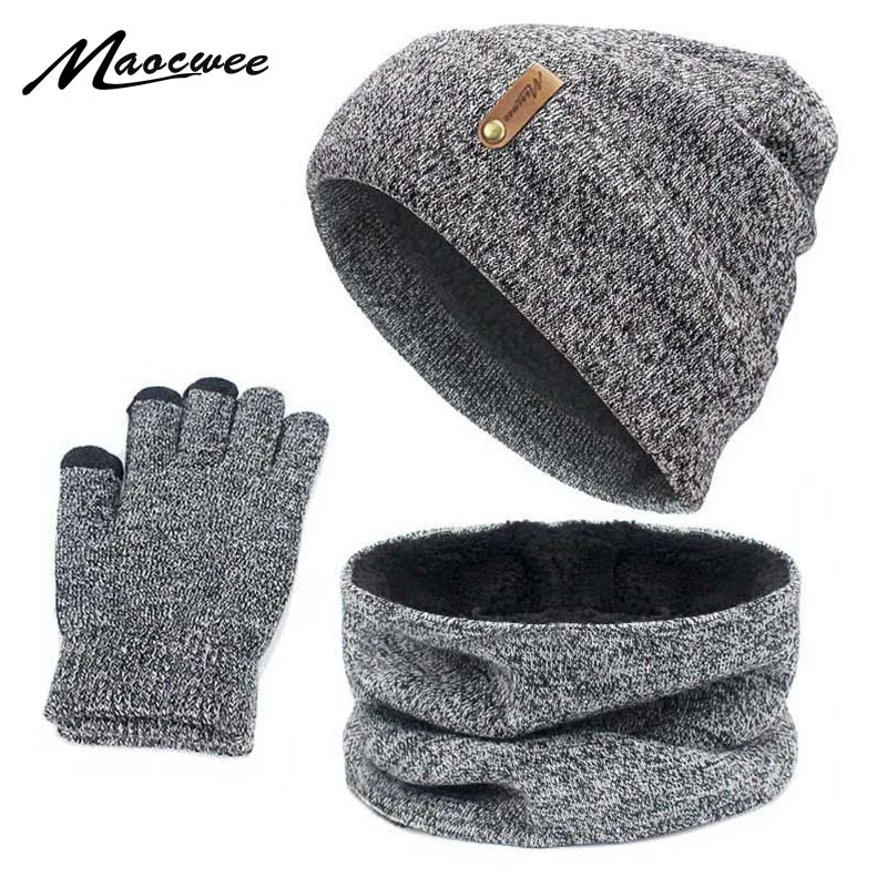 Unisex Beanies Hat Ring Scarf Gloves Set Winter Knitted Thick Warm Cap Women Men Solid Retro Beanie Hat Soft Touch Screen Gloves