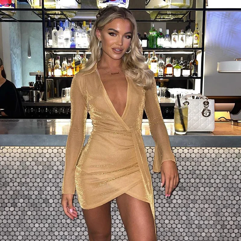 

Mini Bodycon Dress Solid Shiny Sexy V Neck Backless Mesh Long Sleeves Nightclub Prom Party Dresses Vintage Elegant Stylish