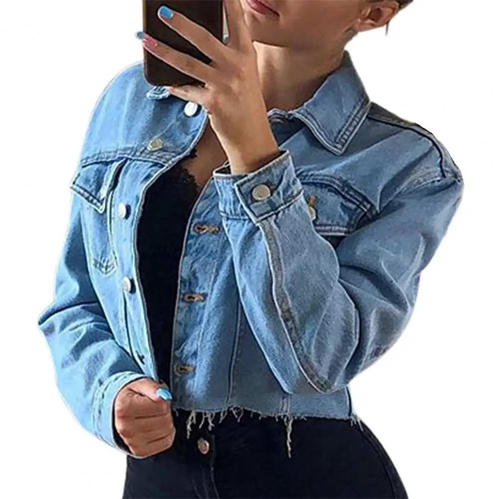 

Jeans Jacket Long Sleeve Ripped Denim Trendy Classic Women Jacket for Dating Wearing