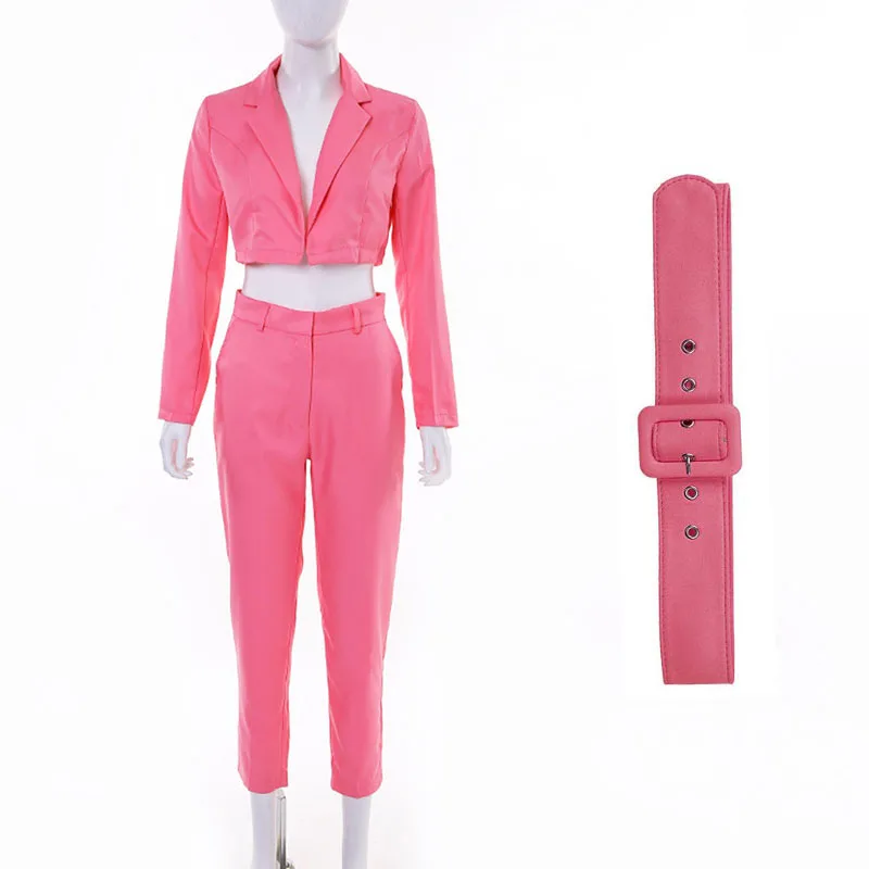 Pink Осенне-зимние женские спортивные костюмы, короткие блейзеры, длинные штаны, офисные женские комплекты с длинным рукавом, неоновая уличная одежда GV618 - Цвет: Pink