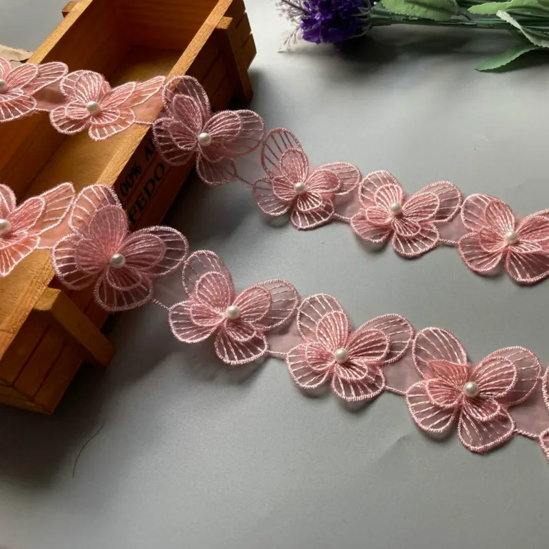 1 ярд розовый с двойной бусиной для ногтей кружевной цветок бабочка кружевная