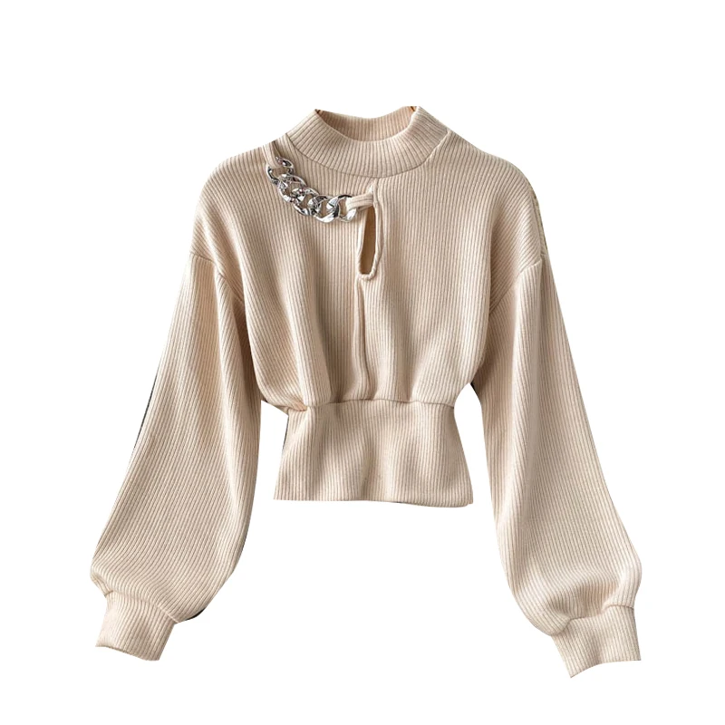

2021 Spring Autumn Women's Long Sleeve Knittwear Jumpers Chain Decoraton Neck Hollow Out Slim Sweater Crop Pullovers For Women