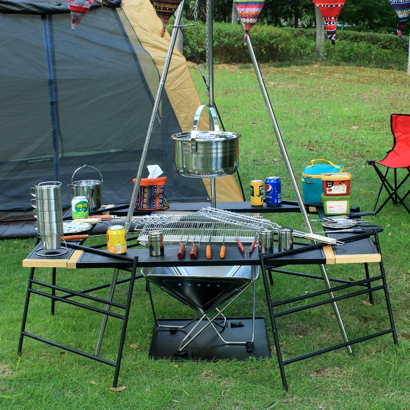 

Outdoor Camping Portable Table Barbecue Multi-Function Combination Table Self-driving Picnic Table Net Shelf Folding Table Rack