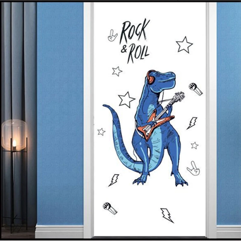Rock Roll Dinosaur Wall stickers For Kids Room Cartoon Animals Home Decor Art Viny PVC Wallpaper Creative Door Refrigerator Deco |