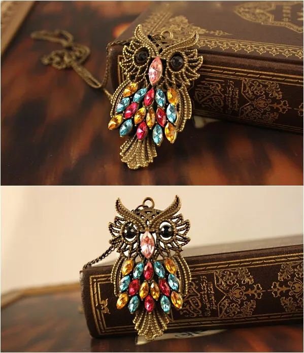Лидер продаж Винтаж Хрустальная Сова Шейное колье с подвеской Bijoux Ретро золото Цвет цепи горный хрусталь ожерелье в виде животного Для женщин