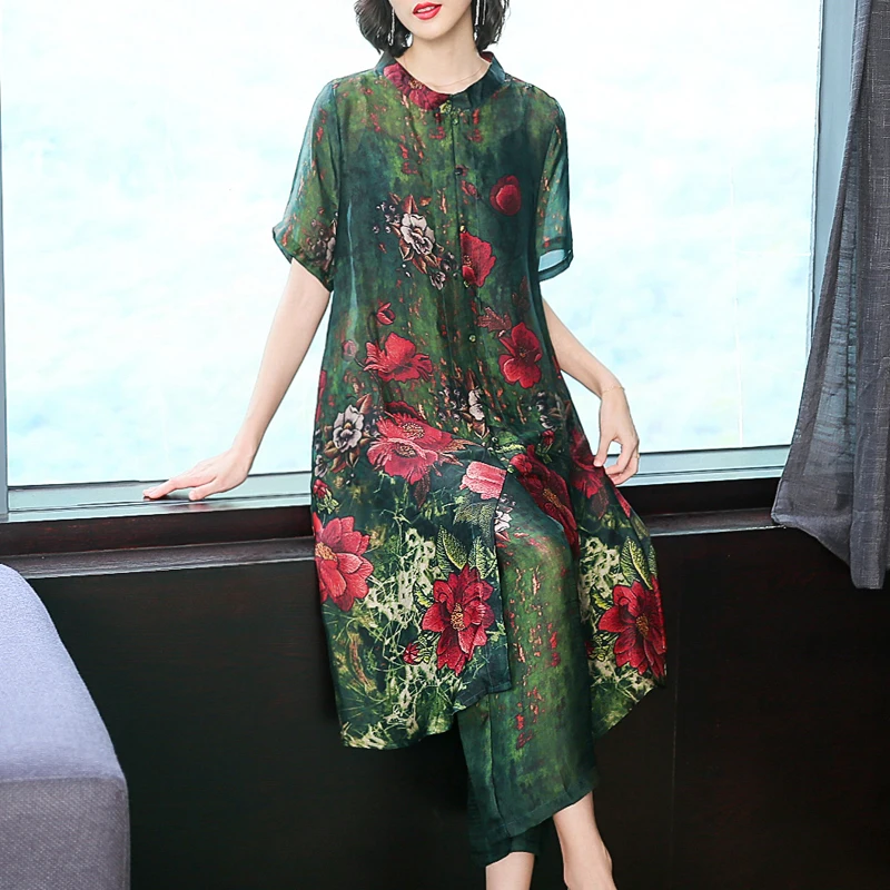 2019 Summer New Casual Silk Print Women Two Piece Set O Neck Button Long Shirt And Elastic Waist Wide Leg Pants Sets XL-6XL | Женская