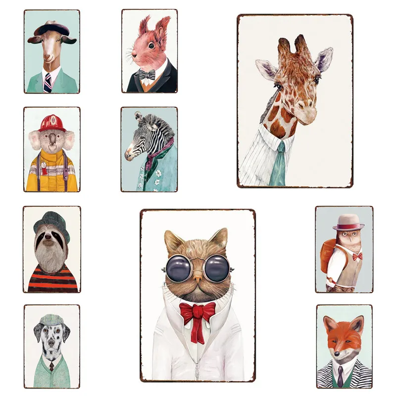 

Metal Tin Signs Humorous Cartoon Animal Head Decor Metal Door Wall Stickers Plaque Plate Club Classical Retro Painting Home Pub
