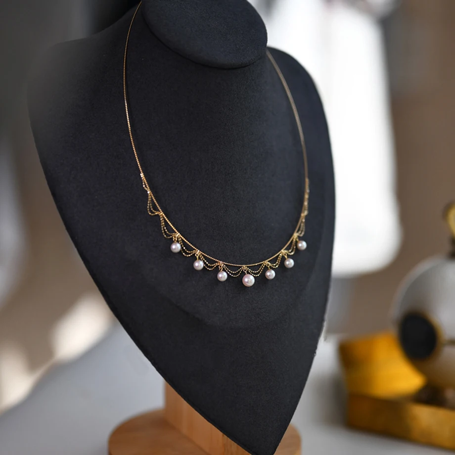

XF800 Real 18K Gold Fine Jewelry Lace Necklace Choker Solid AU750 Collar Chain Natural AKOYA Seawater Pearl For Women N502