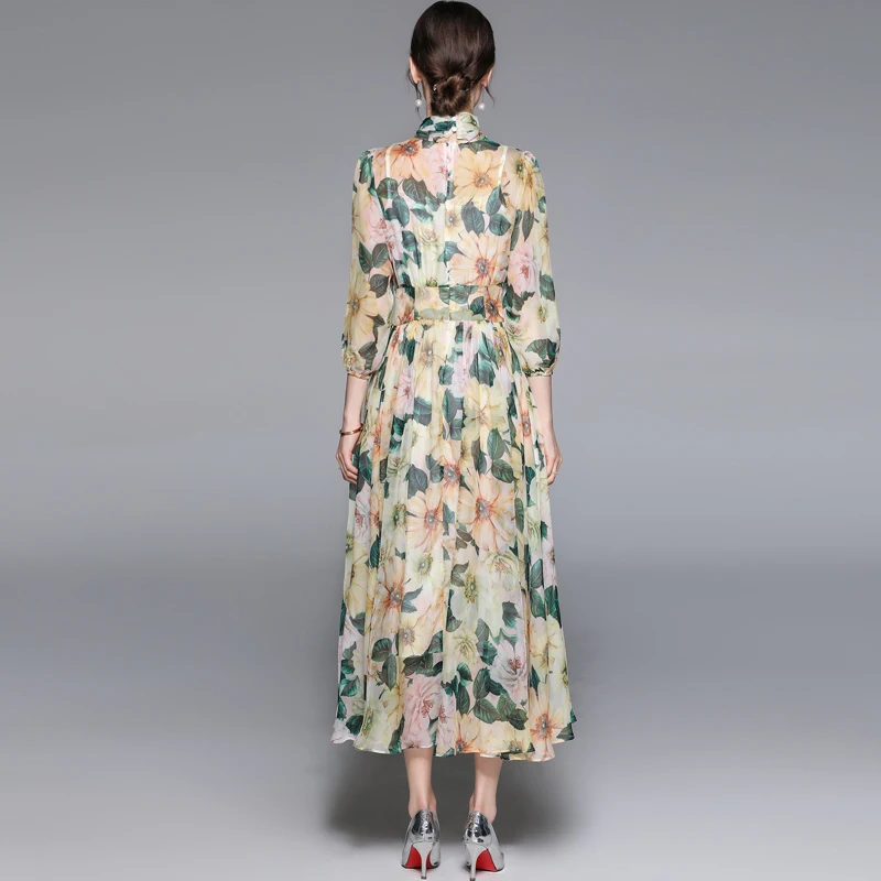 

Women SUmmer Designer Elegant Floral Print Dress Fashion Lace-Up Bow Casual Party Robe Ladies Vintage Midi Dresses Vestidos