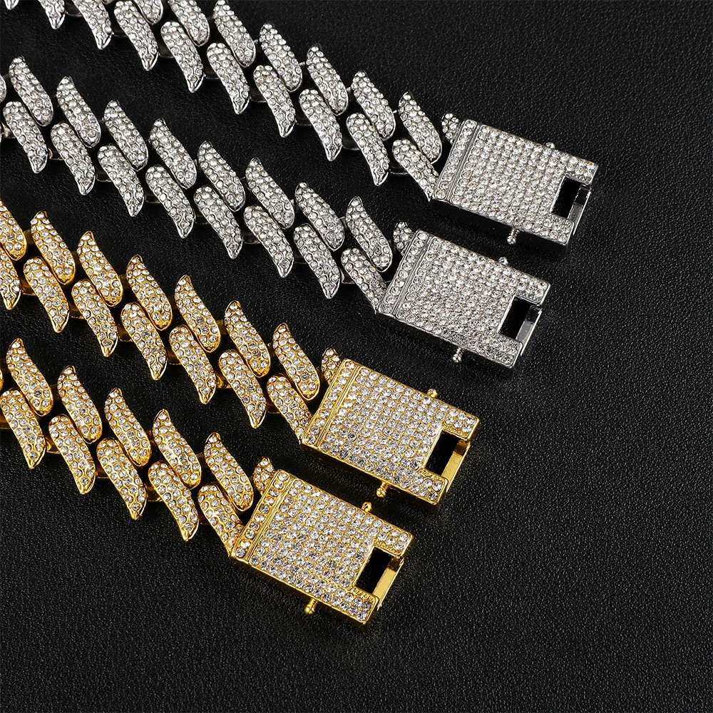 

D&Z New Thorns Cuban Link Necklace Heavy Chain Alloy Ziron Material Prong Setting 3A+CZ Stones Hop Hip Rapper Jewelry