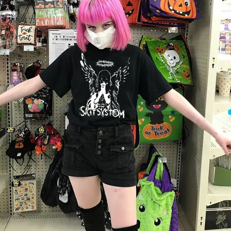 

Angel Devil Y2K T-shirt T-shirt female short-sleeved dark high street Korean version of loose trend T-shirt couple goth punk