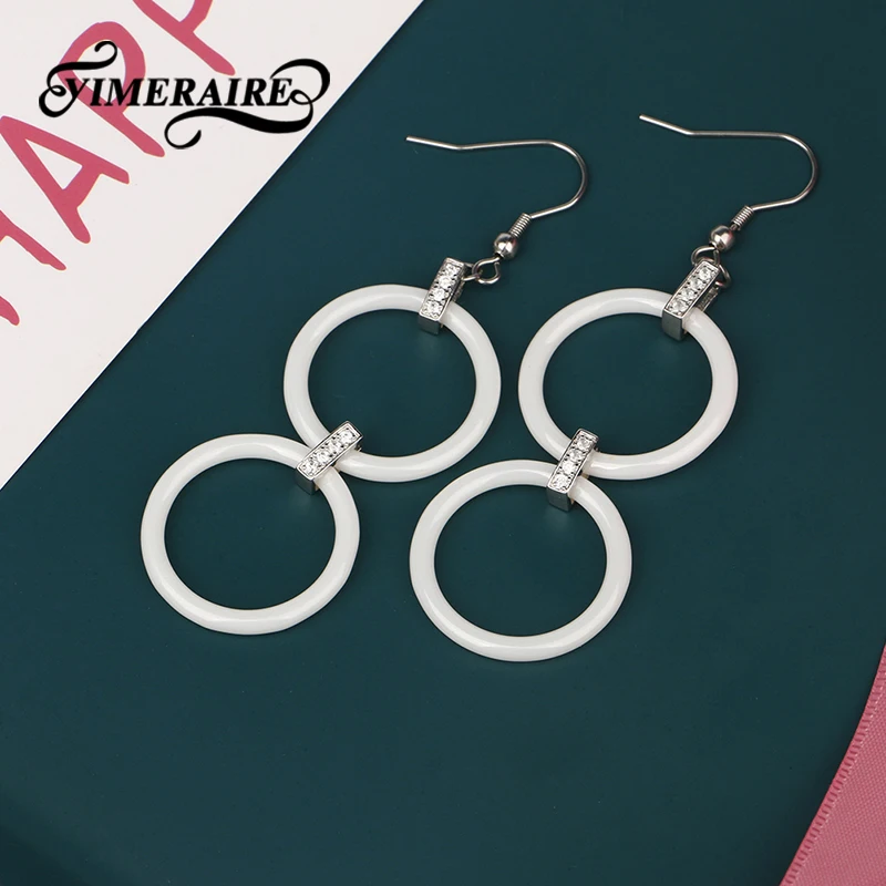 Новое поступление полые двухслойные белые керамические серьги блестящие стразы