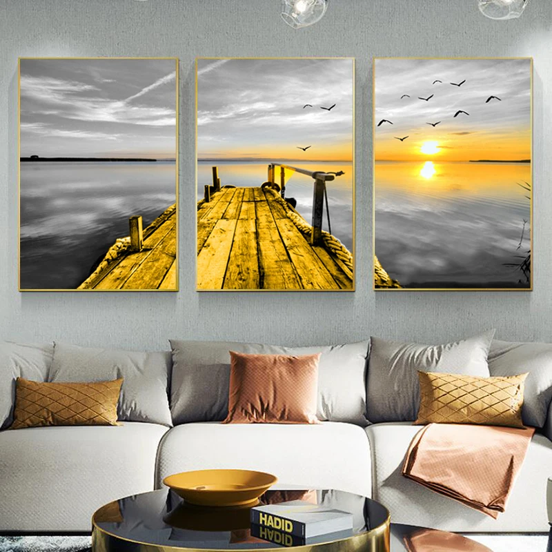 

Bridge Beach Poster Canvas Painting Modern Landscape Wall Art For Living Room 3 Pieces Sunset Bird Indoor Decorations Home Decor