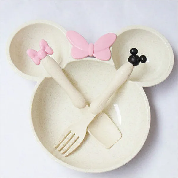 

3pcs Wheat Straw Baby Cartoon Tableware Set Children's Dishes Kids Dinner Platos Baby Feeding Plate Training Bowl Spoon Fork