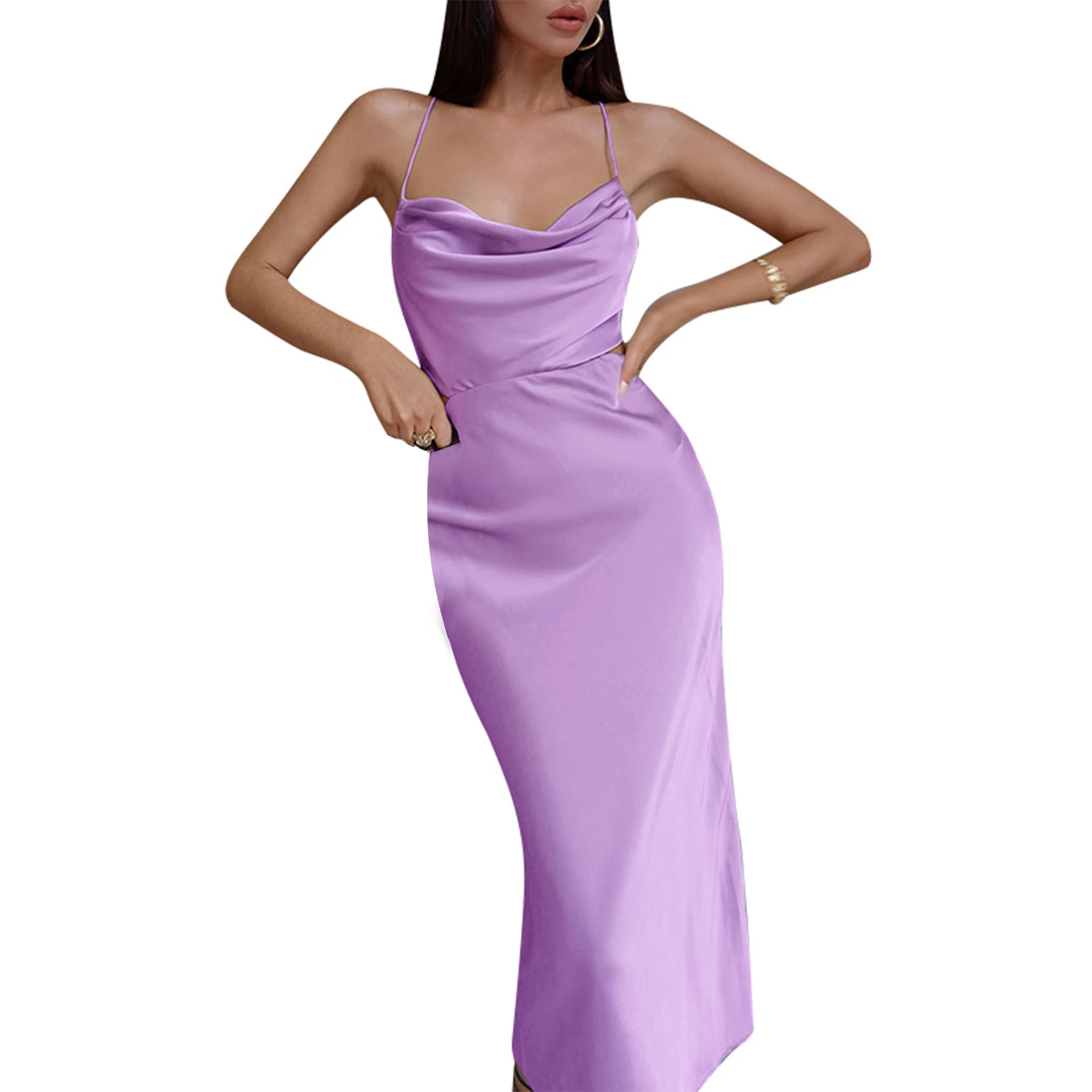 

Women Tie-up Backless Dress Adults Solid Color Cowl Neck Cross Strap (Red, Purple, Green, Brown)