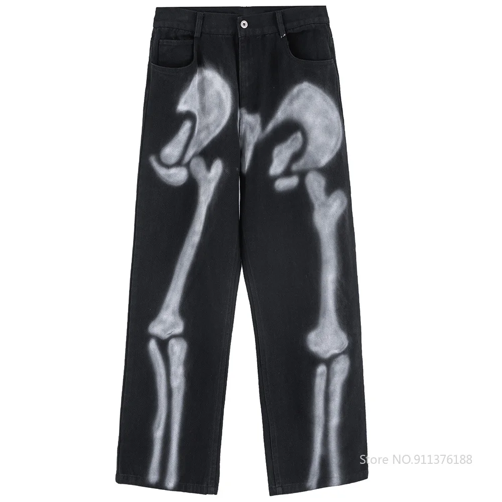

Ajoc Jeans Men Cool Bone Graffiti Print Denim Pants Casual Baggy Trousers Fashion High Street Hip Hop Style Jeans Streetwear
