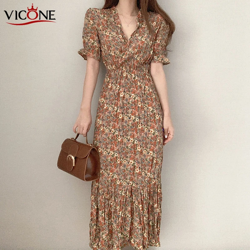 

VICONEL Women's Chic Non-Mainstream Vintage V-neck Cross Slimming Waist Hugging Pleated Floral Puff Sleeve Chiffon Dress
