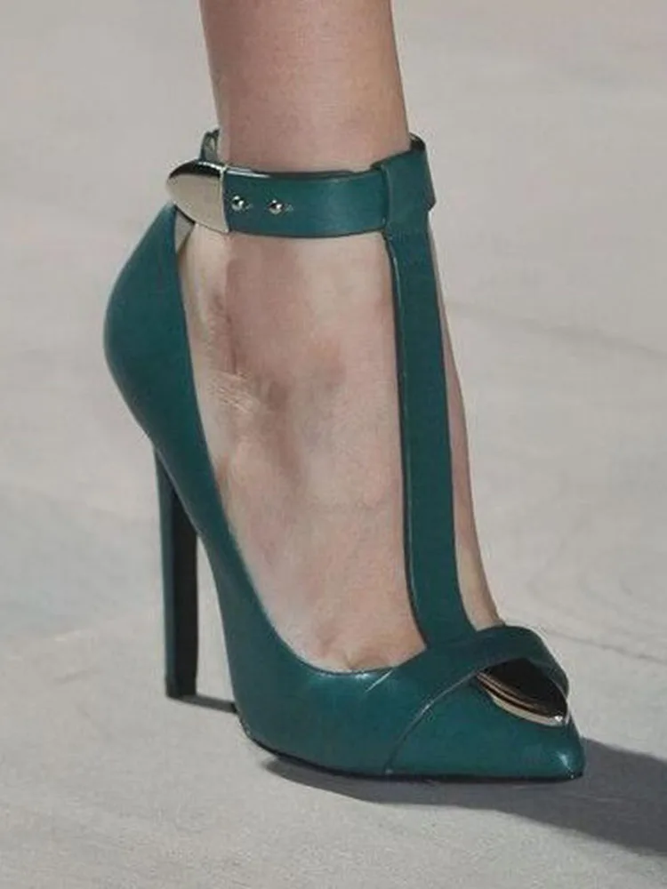 Туфли-лодочки с Т-образным ремешком на тонком высоком каблуке матовые Пряжка для