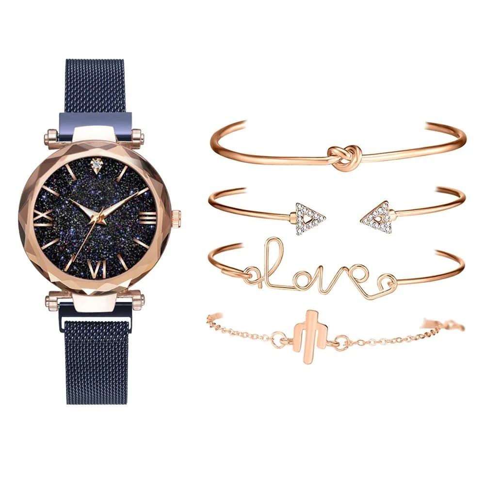 

Rose Gold Starry Sky Dial Watches Women Ladies Crystal Bracelet Quartz Wrist Watch 5 PCS Set