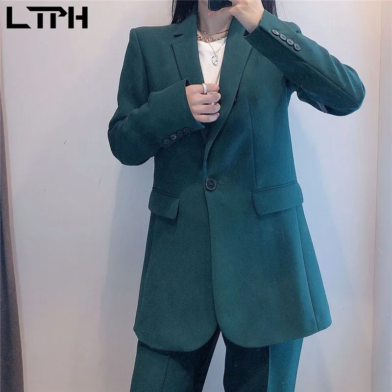 LTPH-Conjunto de 2 piezas de Blazer y pantalones de cintura alta para mujer, conjunto informal de negocios, color verde oscuro, para oficina, primavera, 2021