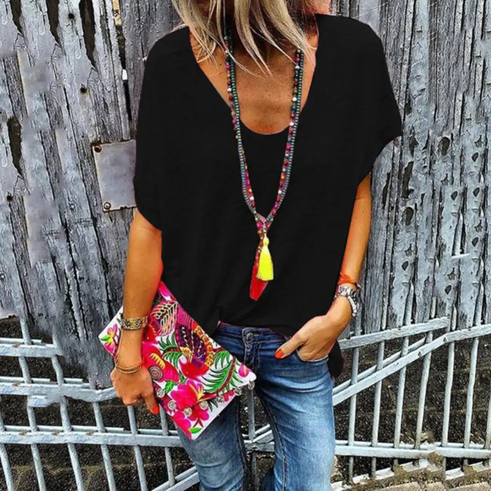 

Women T Shirt Candy Color V Neck Short Sleeve T-Shirt Summer Tee Women Loose Top Tees T Shirts Female