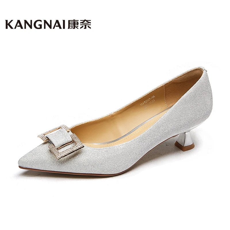 

KANGNAI Heels Women Shoes Pointed Toe Shallow Pumps Spring Fashion Metal Decoration Office Lady Shoes